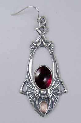 Sterling Silver Dramatic Art Deco Drop Dangle Earrings With Garnet And Rose Quartz